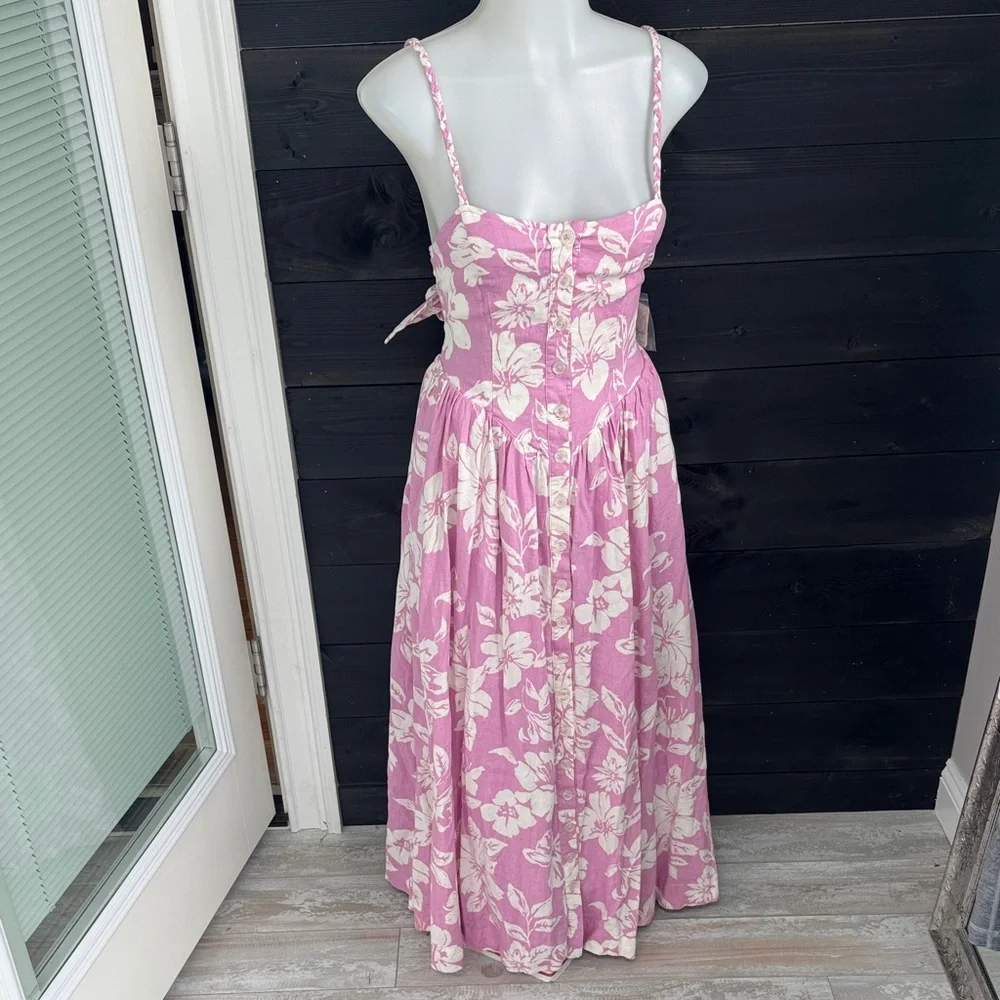 NWT Free People The Perfect Sundress Size XS Pink White Floral Linen Maxi Dress - Picture 2 of 8